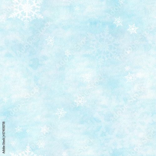 Watercolor seamless pattern with Christmas snowflakes on blue background.