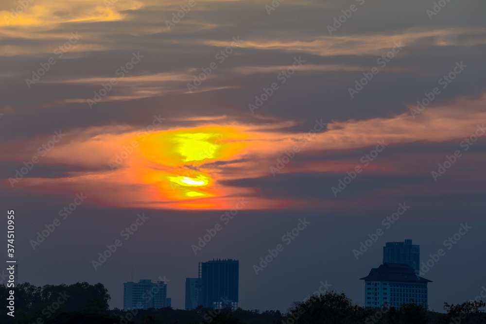 Silhouette of building in the city sunset or sunrise moment