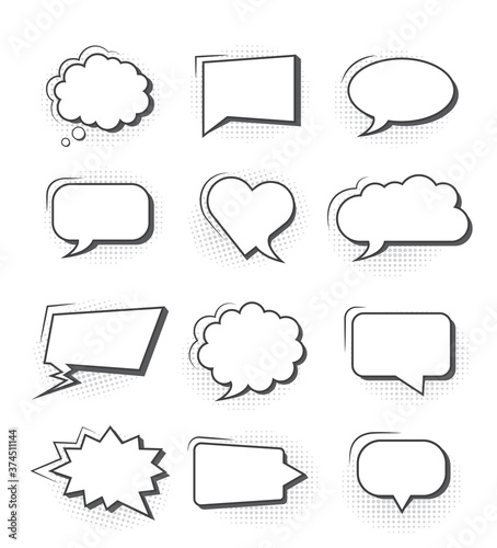 Set of simple empty comic speech bubbles with black halftone shadows.