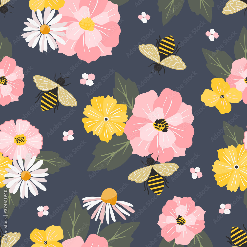 Summer cute hand drawn scandinavian style background seamless pattern with cottage garden flowers, honey bees. Tender farmhouse summer pattern design for fabric, wallpaper, stationery