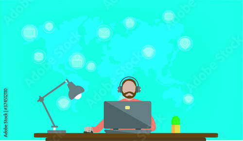 A man works on the computer online devices upload, download information data