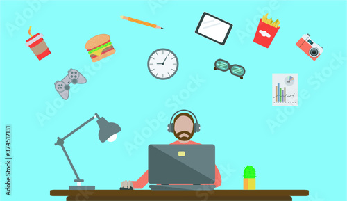 Working from home. A man works on the computer at home.Vector illustration