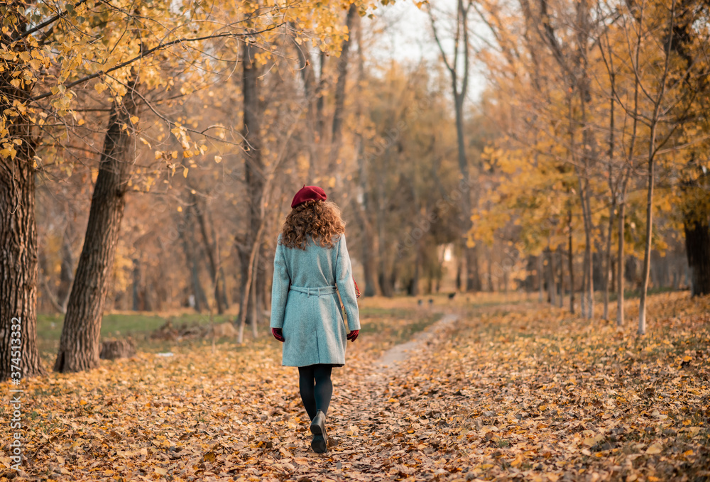 Elegant young woman in gray casual coat in autumn. Cute model walks in the park in golden autumn against background of nature. Back view Elegant young woman in gray casual coat in autumn. Cute model walks in the park in golden autumn against background of nature. Back view