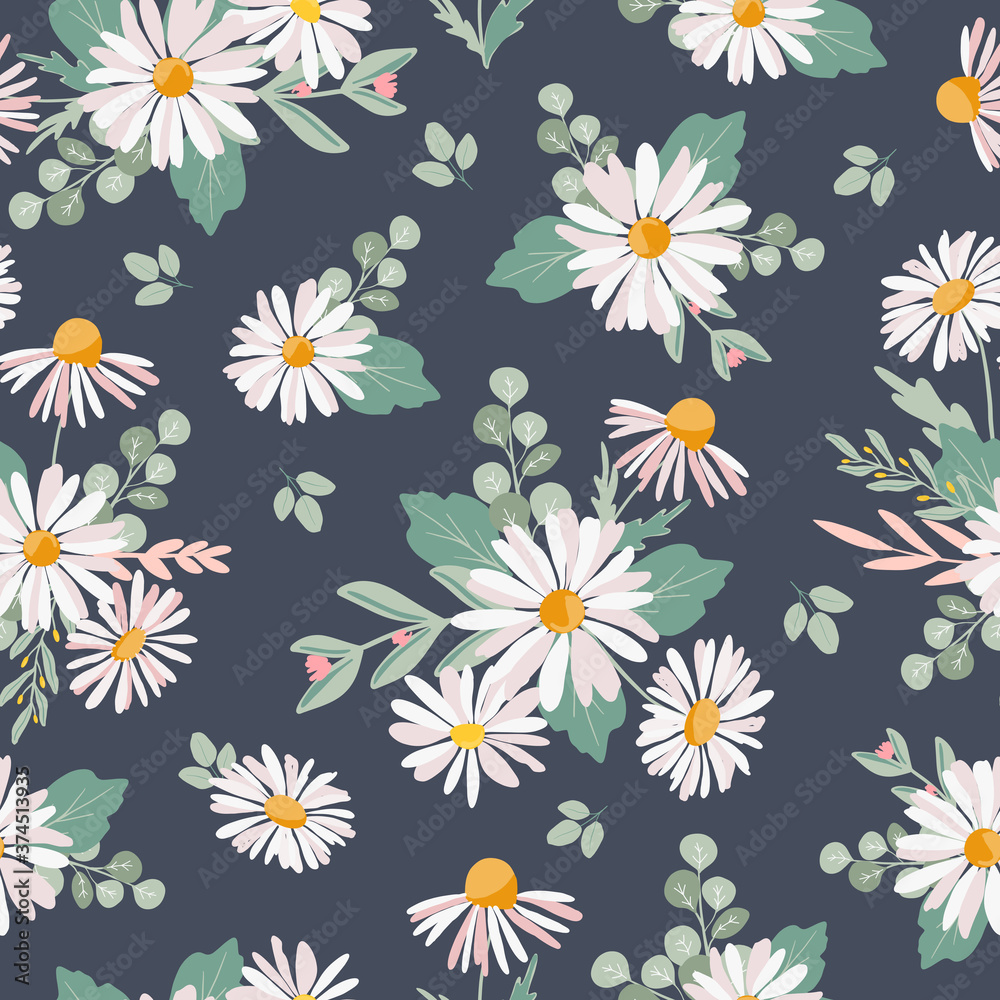 Summer cute hand drawn scandinavian style background seamless pattern with cottage garden flowers, roses, camomiles. Tender farmhouse summer pattern design for fabric, wallpaper, stationery Summer cute hand drawn scandinavian style background seamless pattern with cottage garden flowers, roses, camomiles. Tender farmhouse summer pattern design for fabric, wallpaper, stationery