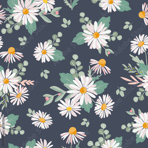 Summer cute hand drawn scandinavian style background seamless pattern with cottage garden flowers, roses, camomiles. Tender farmhouse summer pattern design for fabric, wallpaper, stationery
