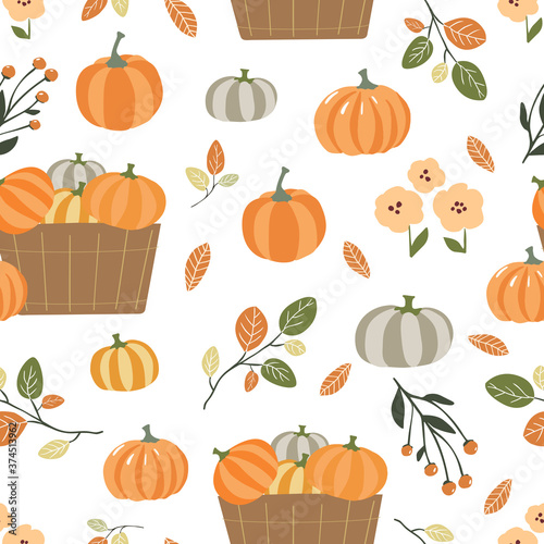 Harvest and pumpkin picking seamless pattern background for fabric, stationery, wallpaper, wrapping paper design.Fall and autumn digital repeating background in scandinavian vector style.