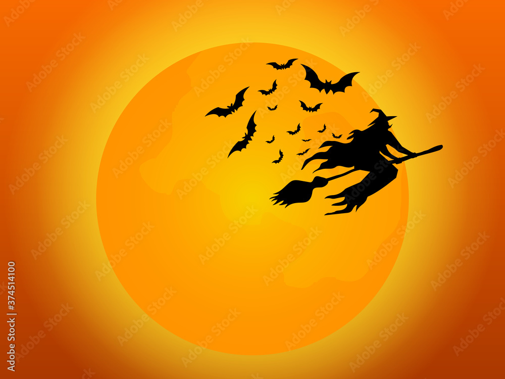 witch flying with bats and full moon in halloween night
