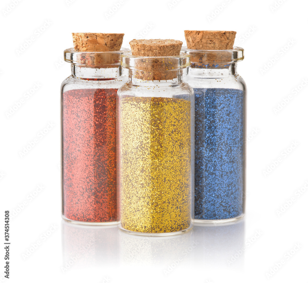 Front view of three colorful glitter bottle Front view of three colorful glitter bottle