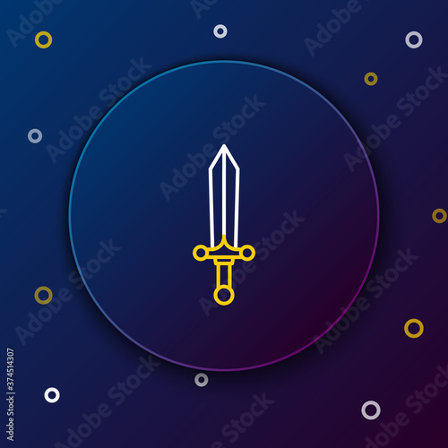 Line Medieval sword icon isolated on blue background. Colorful outline concept. Vector.