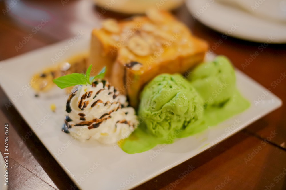 Honey toast ,green tea Ice cream and whipping cream Honey toast ,green tea Ice cream and whipping cream