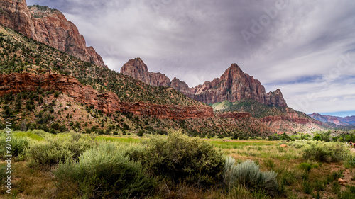 The Watchman and Bridge Mountain viewed from the Pa'rus Trail that meanders along and over the Virgin River in Zion National Park in Utah, USA