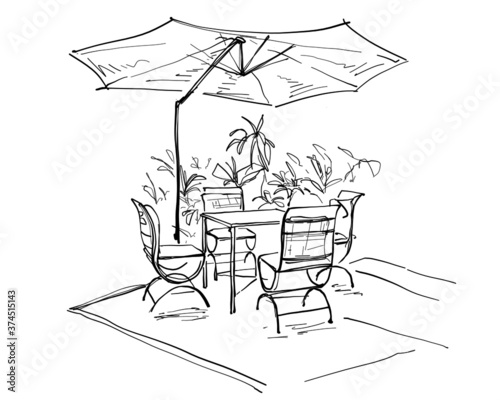 Sketch hand drawn Steel table, chair set For outdoor relaxation Decorated with nature in a coffee shop, Illustration