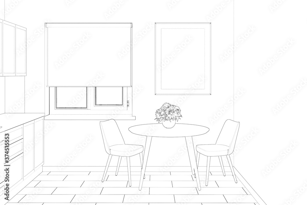 Sketch of the kitchen interior with a window with blinds between a round table with two chairs and kitchen cabinets. There is a vertical poster on the wall above the table. Front view. 3d render Sketch of the kitchen interior with a window with blinds between a round table with two chairs and kitchen cabinets. There is a vertical poster on the wall above the table. Front view. 3d render