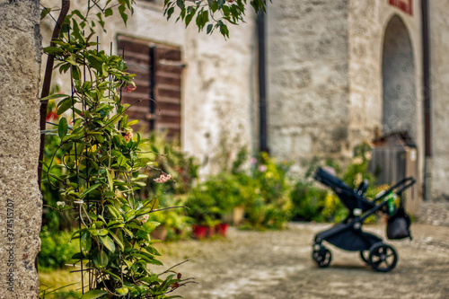 Fototapeta Naklejka Na Ścianę i Meble -  Stroller on the courtyard with plants and vases