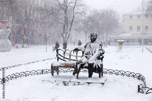 Odessa, Ukraine - January 16, 2018: Snowfall. Urban streets and parks during a heavy snowfall in winter.