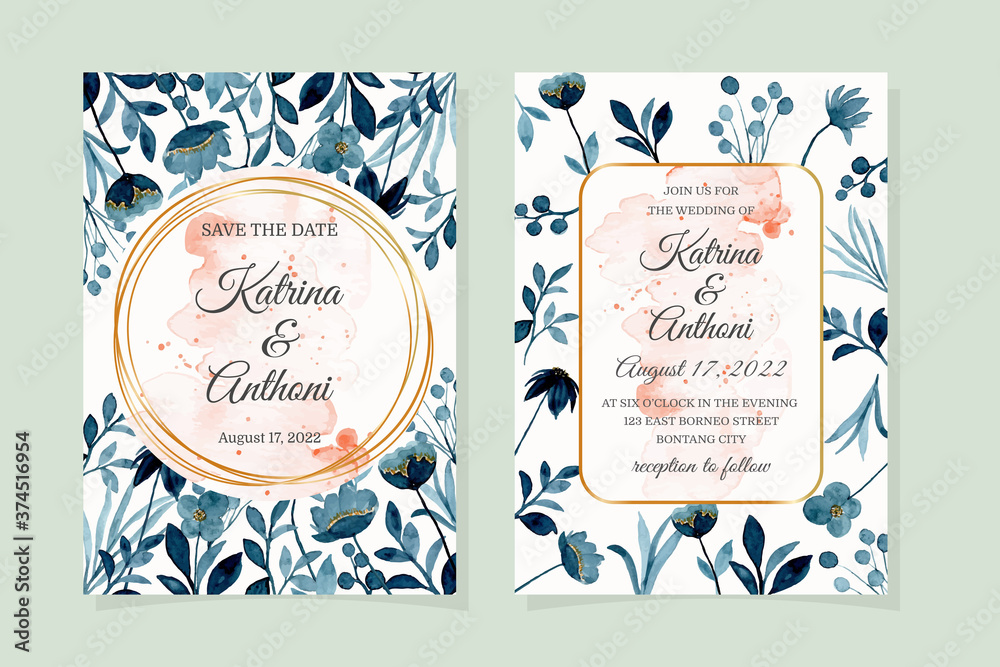 Wedding invitation card with watercolor blue floral