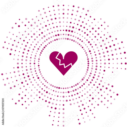 Purple Broken heart or divorce icon isolated on white background. Love symbol. Valentines day. Abstract circle random dots. Vector.