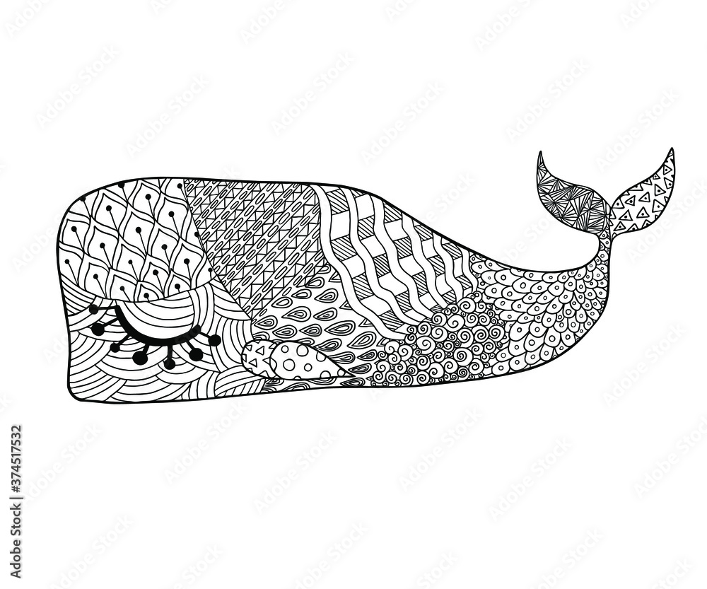 Whale coloring page in vintage style. Graphic vector illustration. Book