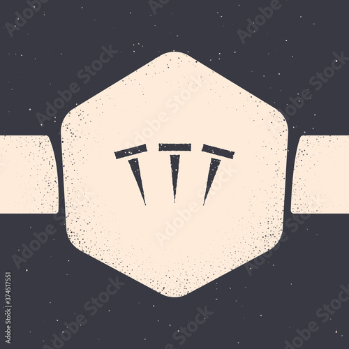 Grunge Metallic nails icon isolated on grey background. Monochrome vintage drawing. Vector.