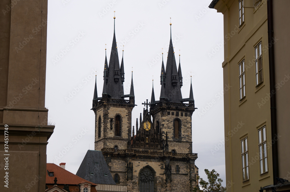 The spires of the Church of Our Lady before Tyn in Prague, Czechia