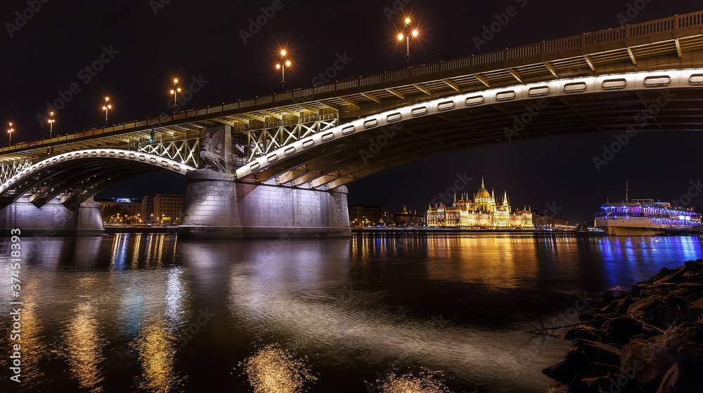 Panorama view of Budapest. Margaret bridge and Parliament building in Budapest at night, with reflection in calm water Danube river, Hungary