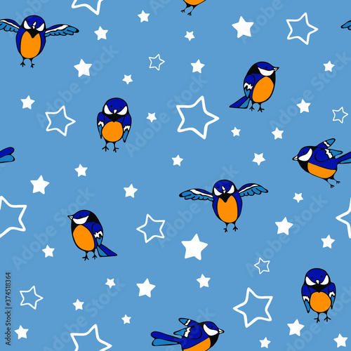 Seamless vector pattern with tomtits and stars on blue background. Simple wallpaper design with birds. Animal fashion textile for children.