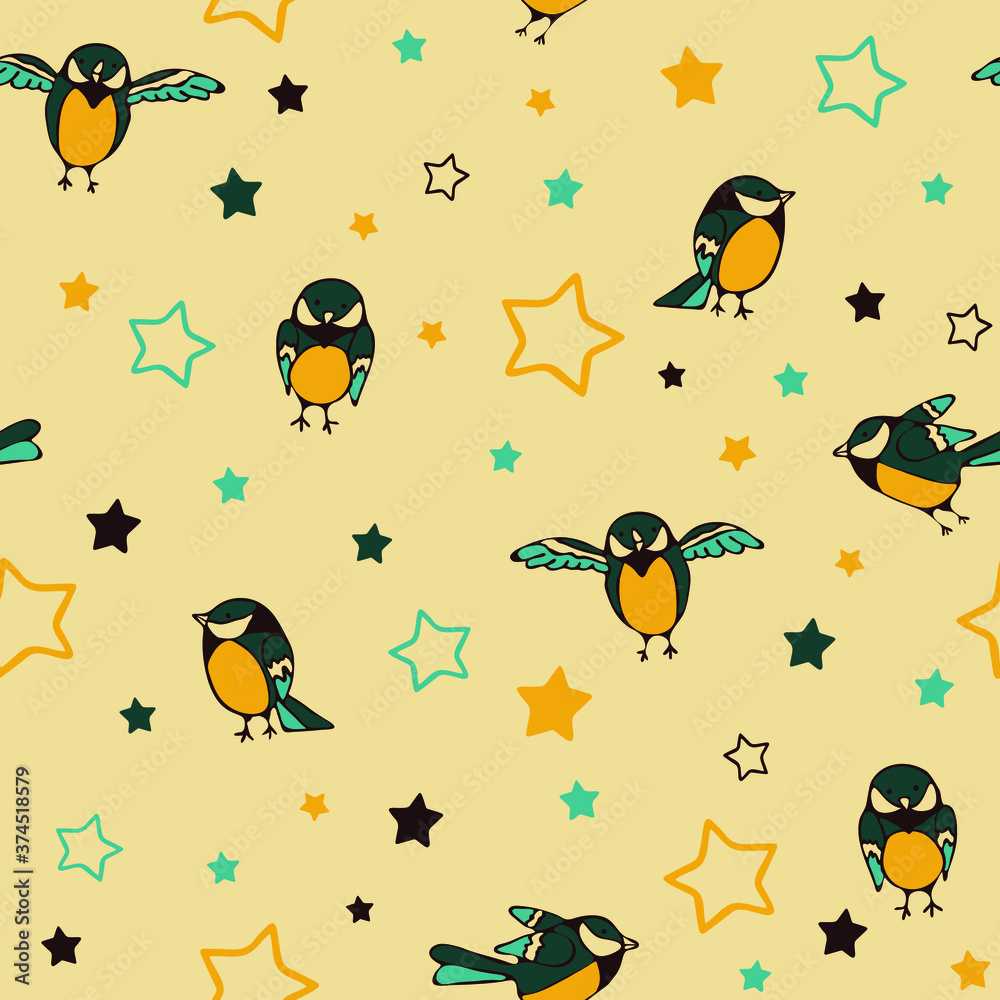 Obraz premium Seamless vector pattern with sparrow bird and stars on yellow background. Simple tomtit wallpaper design for children. Cute baby fashion textile.