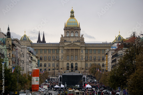Prague, Czechia - 27.10.2018: Stage set up in Wenceslas Square with the National Museum building in the background
