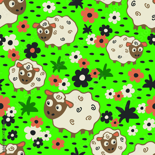 Seamless vector pattern with sheep and flowers on green background. Animal wallpaper design with pastel colours. Vintage farm fashion textile for children.