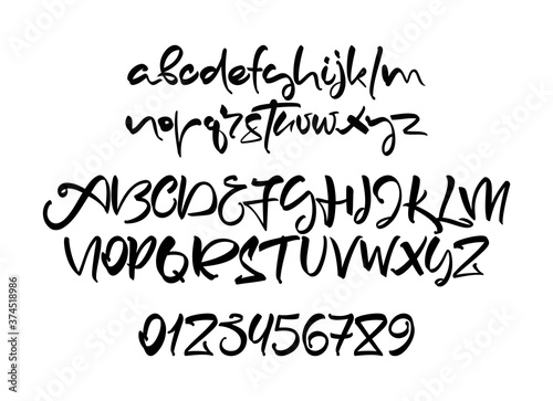 Vector Decorative Handwritten brush font. English Abc alphabet with numbers on white background.