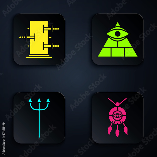 Set Dream catcher with feathers, Trunk for magic tricks, Neptune Trident and Masons. Black square button. Vector.