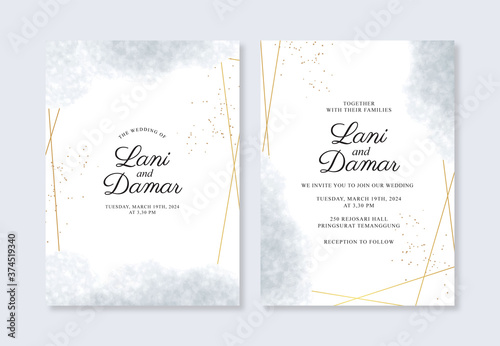 Beautiful wedding invitation template with geometric gold and watercolor splash