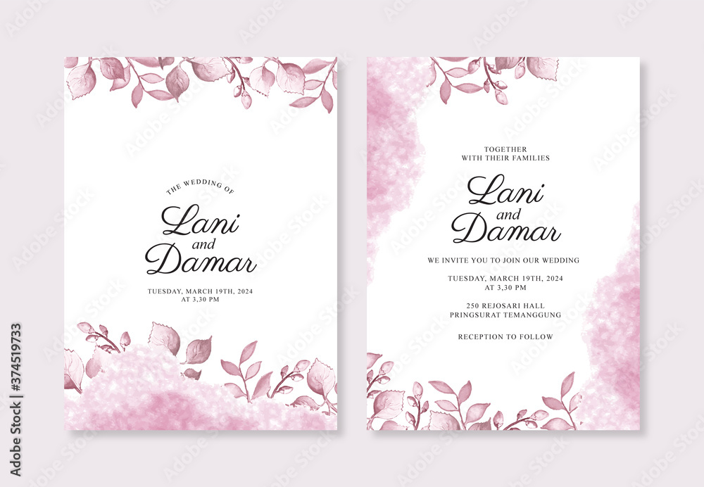 Wedding invitation templates with watercolor plants and splashes
