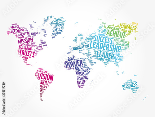 LEADERSHIP word cloud in shape of world map  business concept background