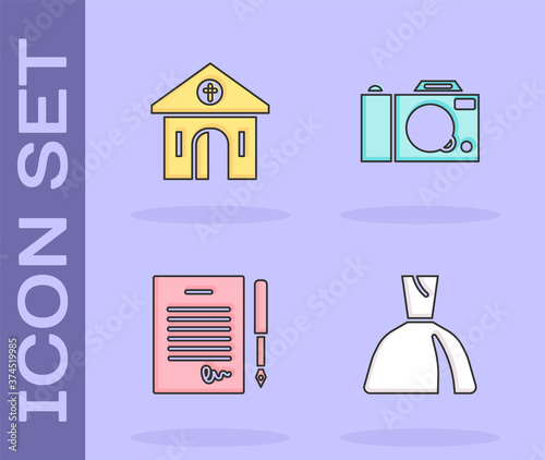 Set Woman dress, Church building, Marriage contract and Photo camera icon. Vector.