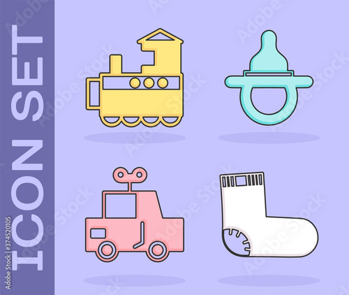 Set Baby socks clothes, Toy train, Toy car and Baby dummy pacifier icon. Vector.