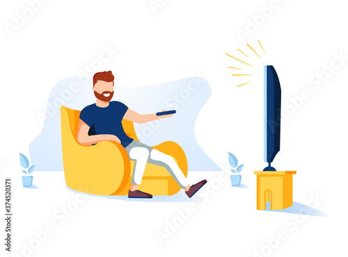 Cartoon vector illustration of man sitting on the couch and watching TV. Funny characters on isolated background.