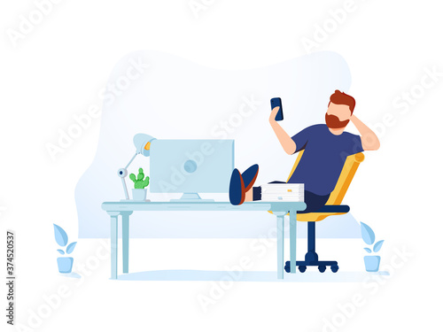 Business man is relaxing and dreaming about something at his work place. Modern office interior. Business concept. Vector illustration.