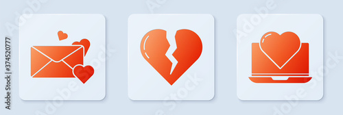 Set Broken heart or divorce, Envelope with heart and Laptop with heart. White square button. Vector.