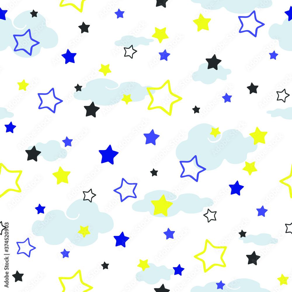 Seamless vector pattern with stars and clouds on white background. Simple night sky wallpaper design for children. Baby shower fashion textile.