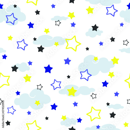 Seamless vector pattern with stars and clouds on white background. Simple night sky wallpaper design for children. Baby shower fashion textile.