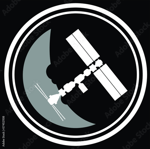 Space module on the Moon background in white circle