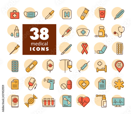 Medicine and healthcare, medical support icons set