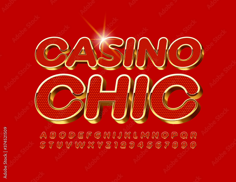 Vector premium logo Casino Chic. 3D Red and Gold Font. Textured elite Alphabet Letters and Numbers set