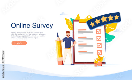 People Characters Filling Test in Customer Survey Form. Woman and Man putting Check Mark on Checklist. Customer