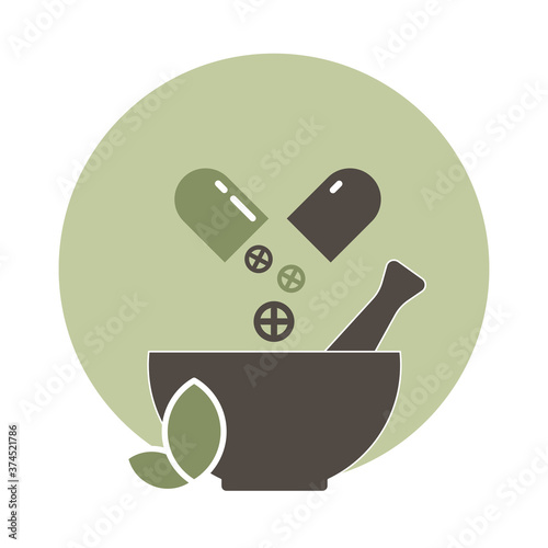 Ayurvedic medicine crusher mortar and pestle with opened medicine capsule and leaves. Concept of alternative medicine. Flat style illustration. 