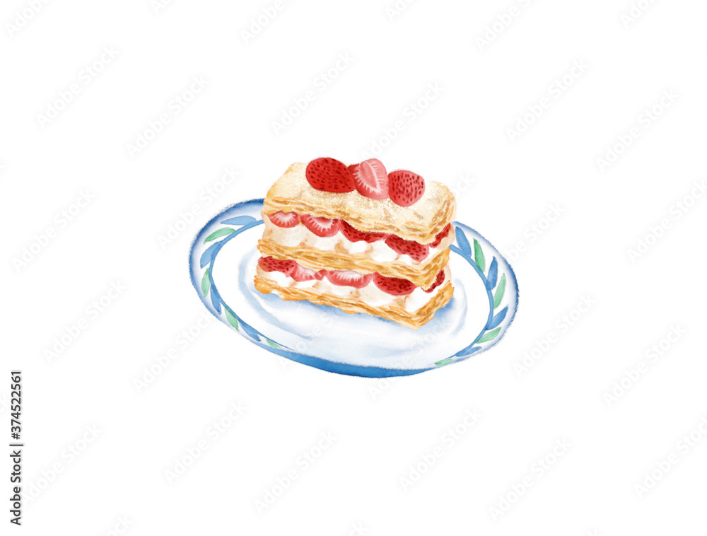 Watercolor Illustration of French style dessert - Napoleon Cake, made of very thin and flaky puff pastry cake layers and a smooth, rich and luscious pastry cream and fresh strawberries in between Watercolor Illustration of French style dessert - Napoleon Cake, made of very thin and flaky puff pastry cake layers and a smooth, rich and luscious pastry cream and fresh strawberries in between