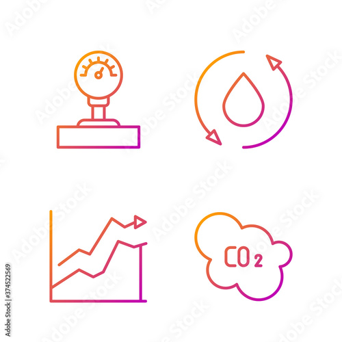 Set line CO2 emissions in cloud, Oil price increase, Gauge scale and Oil drop. Gradient color icons. Vector.