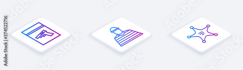 Set Isometric line Evidence bag and pistol or gun, Prisoner and Hexagram sheriff. White square button. Vector.