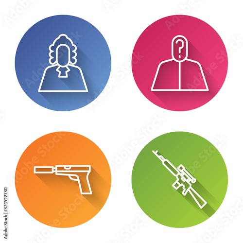Set line Judge, Anonymous with question mark, Pistol or gun with silencer and Sniper rifle with scope. Color circle button. Vector.